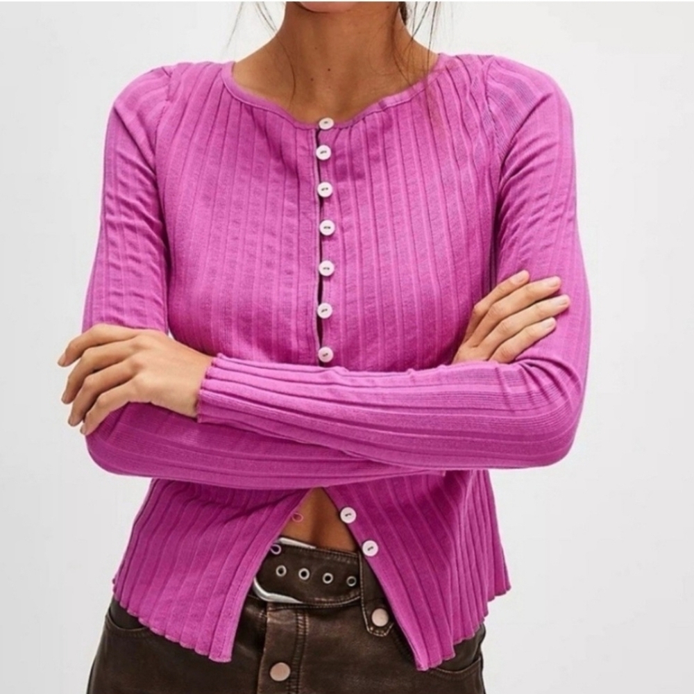 FREE PEOPLE Tilly Ribbed Cardigan Pink Ribbed Button Down NWT